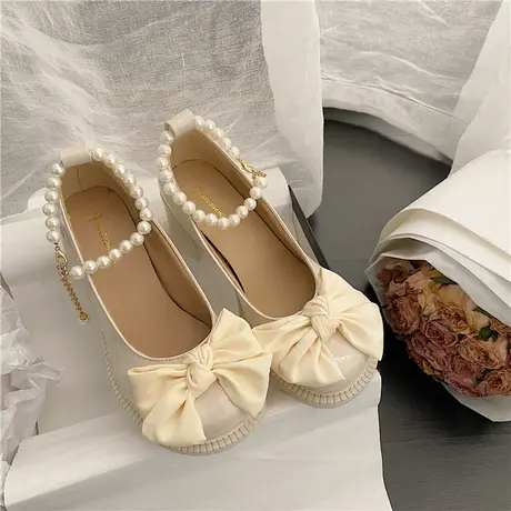 高跟鞋女2023新款气质女神范蕾丝春夏黑色粗跟法式复古蝴蝶结皮鞋图片