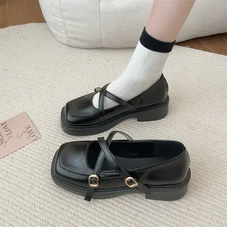 方头交叉扣带粗跟单鞋女2023夏季新款复古英伦风小皮鞋小众乐福鞋商品大图