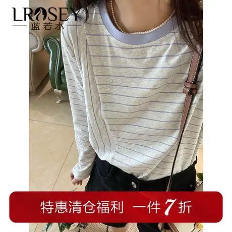 蓝若水大码女装休闲复古条纹T恤春季新款胖mm小众别致巨显瘦上衣商品大图