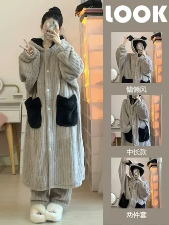 大码胖mm加绒睡衣女春秋季外穿加厚居家服睡袍长裤两件套装200斤商品大图