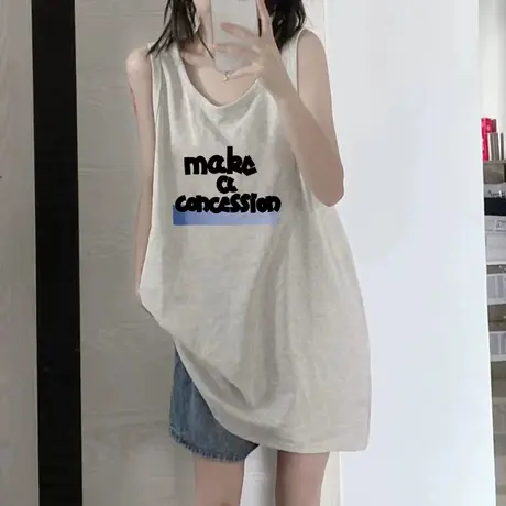 美式纯棉吊带坎肩背心无袖t恤女夏季设计感小众外穿宽松挂脖上衣图片