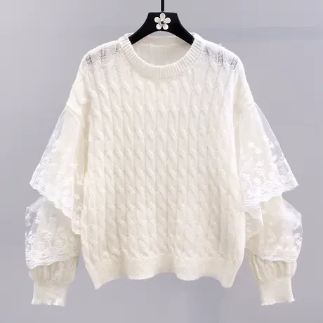 小清新蕾丝拼接麻花套头毛衣女秋冬2023新款宽松设计感针织衫上衣商品大图
