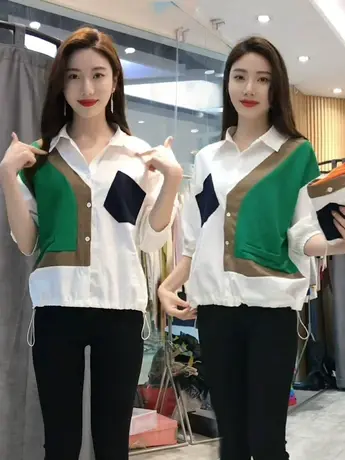 洋气拼色衬衫女短袖薄款2023夏季新款时尚气质设计感小众拼接衬衣商品大图