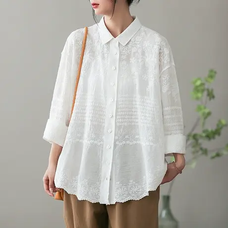 dza 复古刺绣白色衬衫女2023春新款纯棉长袖衬衣休闲宽松开衫上衣图片