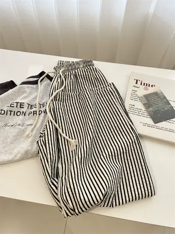 韩版高腰竖条纹阔腿裤女宽松慵懒百搭时尚chic直筒休闲裤2023秋季商品大图