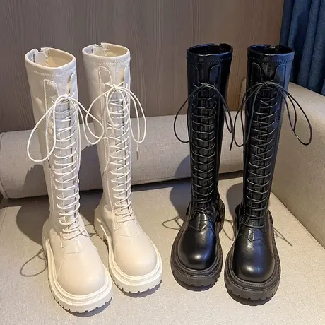 小众白色长靴2023年新款冬季长筒靴女马丁骑士靴系带厚底高筒靴子商品大图