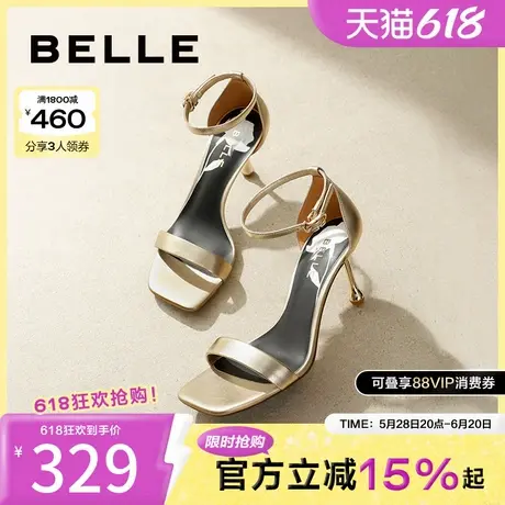 百丽女鞋子气质一字带凉鞋女夏季新款真皮花瓶跟高跟鞋3AB33BY4图片