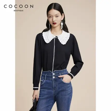 可可尼COCOON商场同款2024秋冬新款撞色设计波浪边翻领气质针织衫图片