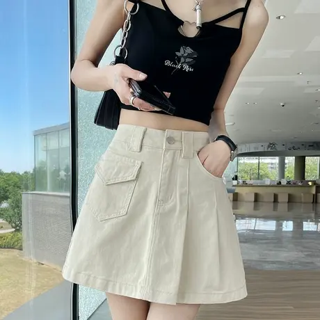米白色复古牛仔半身裙女2025夏季新款设计感高腰防走光A字短裙潮图片