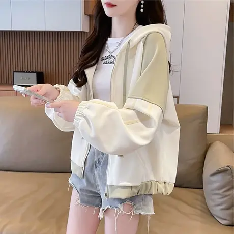 早秋薄款外套女2024新款春秋季韩版宽松初秋百搭撞色拼接开衫卫衣商品大图