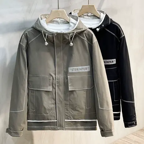 2023新款夹克男秋季休闲百搭简约运动外套男装工装连帽春秋上衣潮图片