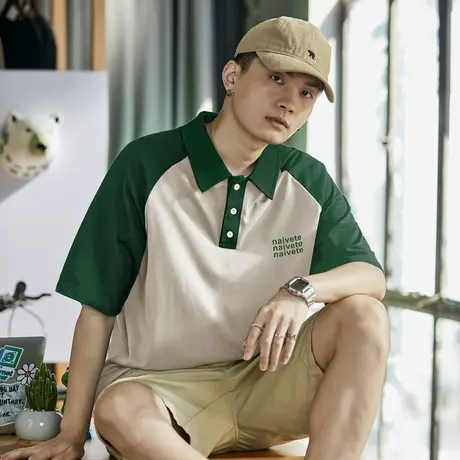 唐狮夏季新款短袖polo衫男士有带翻领t恤白色插肩袖拼接上衣商品大图