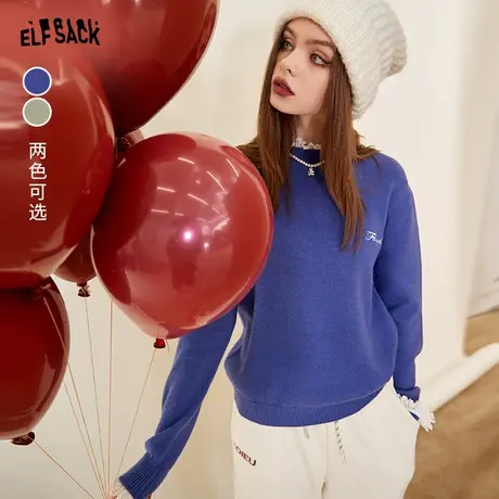 妖精的口袋拼接花边蓝色针织衫毛衣女2022秋冬季新款内搭打底上衣图片