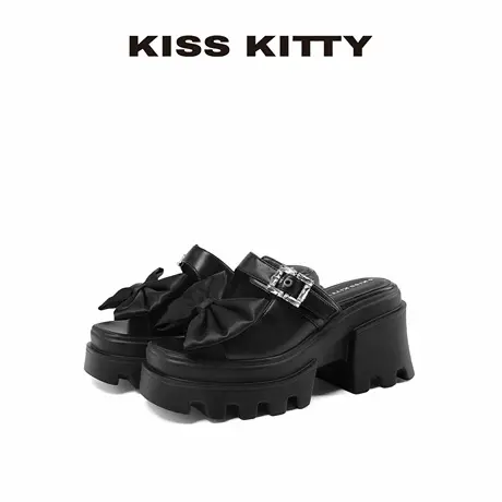 KISSKITTY2025夏季新款黑色蝴蝶结休闲拖鞋厚底增高外穿凉拖鞋女商品大图