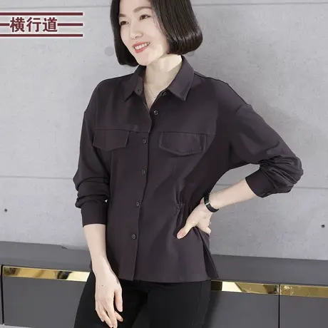 2023新款冬装翻领收腰长袖衬衣纯色气质大码妈妈女装衬衫上衣外套商品大图