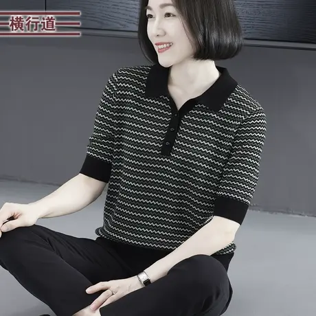 韩版简约休闲女装翻领条纹宽松针织短袖2023新款夏季大码显瘦外穿商品大图