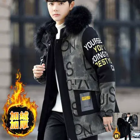 青少年冬季中长款棉服派克服男高中学生加绒加厚棉衣外套冬装棉袄图片