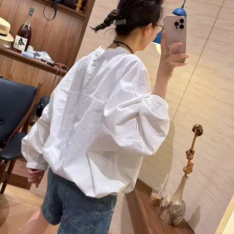韩系时尚贴标抽绳长袖衬衣早秋衬衫女百搭显瘦洋气别致休闲上衣潮商品大图