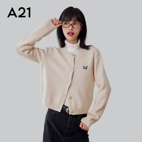A21女装针织开衫春秋季圆领休闲小香风长袖百搭绣花外套休闲舒服商品大图