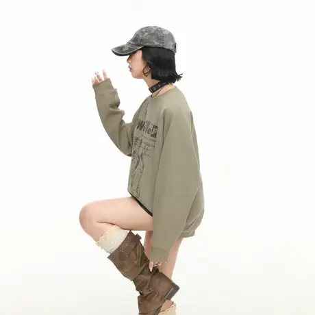 YEP美式潮牌创意印花圆领卫衣女春秋新款宽松街头风情侣套头上衣商品大图