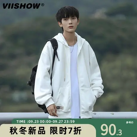 VIISHOW连帽卫衣男春秋新款宽松休闲运动纯色潮牌长袖拉链外套男商品大图