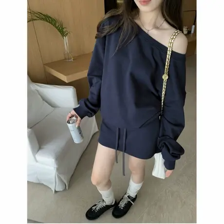 美式复古藏蓝色斜领卫衣女2025早秋薄款宽松休闲设计感一字肩上衣商品大图