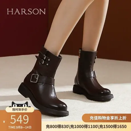 哈森复古西部牛仔靴女新款户外机车靴皮带扣骑士靴HA243401商品大图