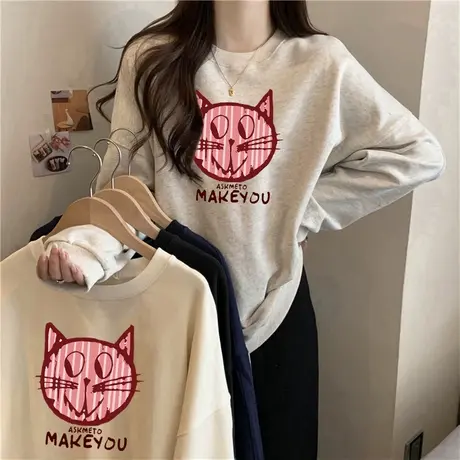 秋冬季加绒加厚无帽圆领卫衣女2023年新款宽松显瘦慵懒风上衣外套商品大图