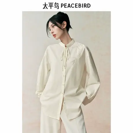 【断码秒杀】太平鸟中式竹子纹样长袖衬衫立领绑带国风衬衣灯笼袖商品大图