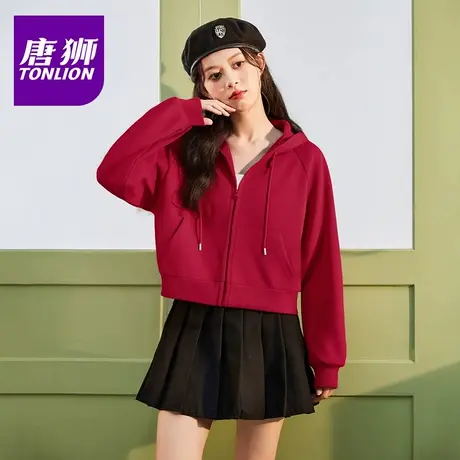 唐狮红色连帽卫衣外套女2025新款春秋款小个子短款开衫上衣VB商品大图