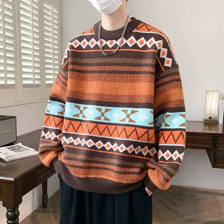 秋冬季毛衣男士时尚休闲潮流青少年学生个性提花针织衫厚款毛线衣商品大图