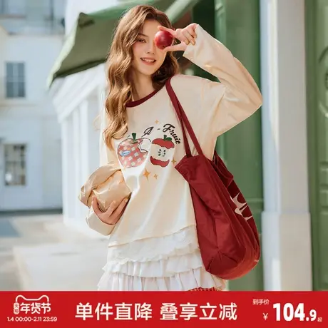 唐狮2026秋冬女撞色长袖T恤宽松圆领趣味图案休闲风上衣甜美百搭商品大图