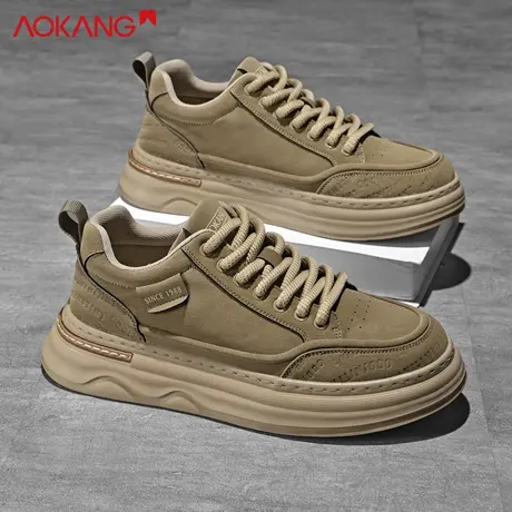 奥康复古板鞋男浅棕色系带厚底休闲鞋轻便增高男鞋潮鞋青年运动鞋商品大图