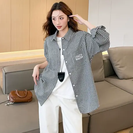 唐狮秋季衬衫女新款长袖格子简约宽松日常复古上衣开衫TM图片