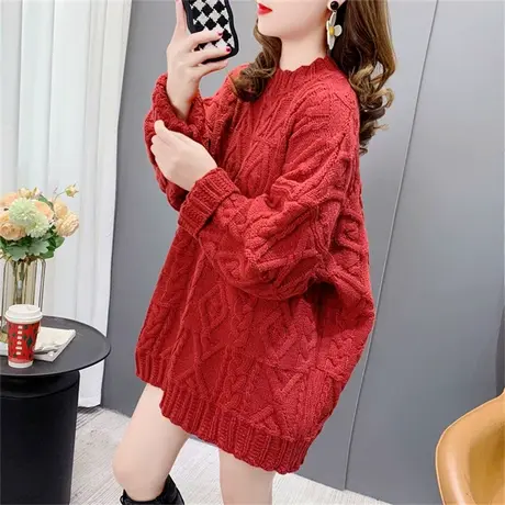 慵懒风麻花圆领毛衣女秋冬2022年新款时尚宽松大码加厚红色针织衫商品大图