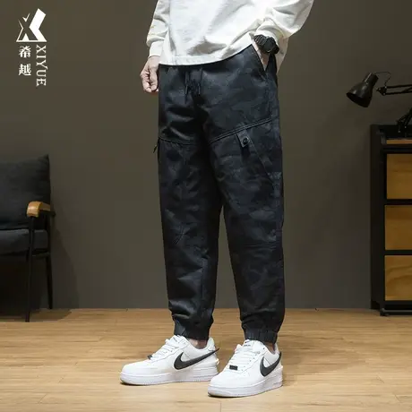 希越潮牌拼接休闲裤男士宽松大码设计感雕花束脚工装裤子秋冬新款商品大图