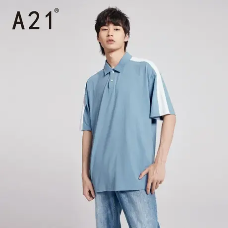 A21男装宽松翻领落肩短袖POLO衫 2023夏季新款撞色简约男纯棉上衣图片