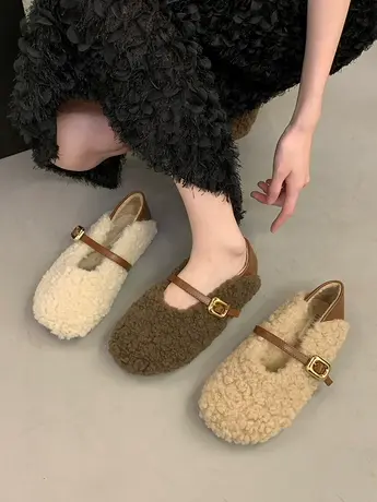 网红毛毛鞋女2023秋冬新款温柔一字带豆豆鞋孕妇平底玛丽珍单鞋子商品大图