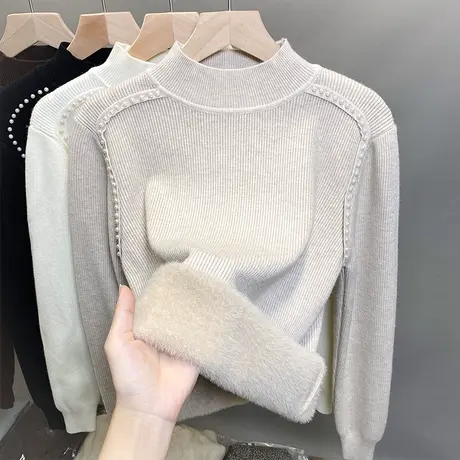加绒半高领毛衣女一体绒加厚打底衫2023秋冬钉珠针织衫内搭上衣潮图片