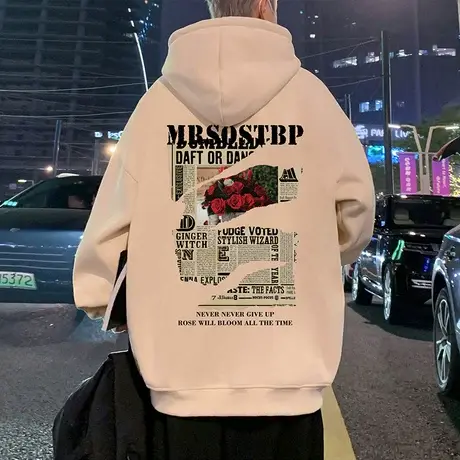 美式复古连帽卫衣男潮牌秋冬季玫瑰印花宽松休闲情侣加绒保暖外套商品大图