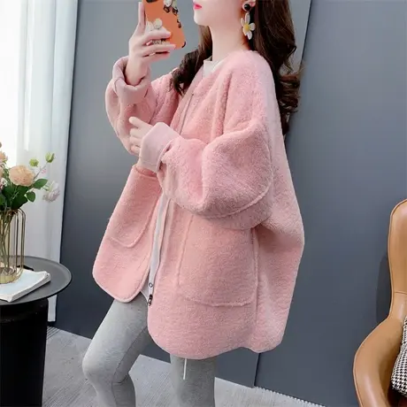 粉色羊羔毛外套女2023冬季新款宽松慵懒风休闲加厚皮毛一体上衣潮商品大图