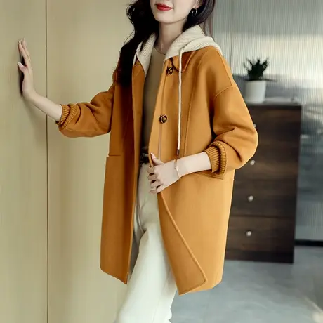 宝诗黎针织连帽拼接中长毛呢外套女2023时尚秋装新款羊毛气质大衣商品大图