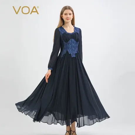 VOA34姆米色织提花桑蚕丝梯形领泡泡长袖拼接乔其淑女真丝连衣裙图片