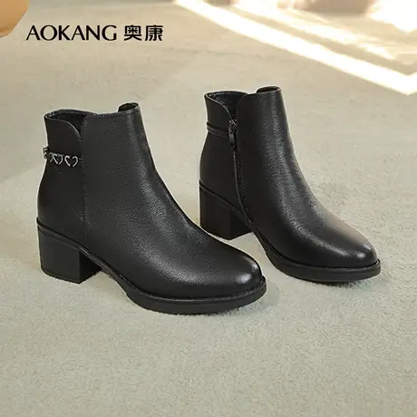 【加绒保暖】奥康时装靴冬季真皮短靴舒适加绒加厚棉鞋粗跟妈妈鞋商品大图