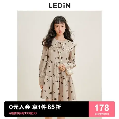 乐町甜美翻领连衣裙2023春季女装奶咖色法式复古碎花蛋糕裙图片