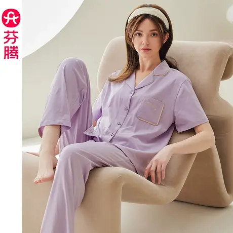 芬腾女士睡衣纯棉夏季薄款短袖开衫套装全棉宽松休闲加大码家居服商品大图