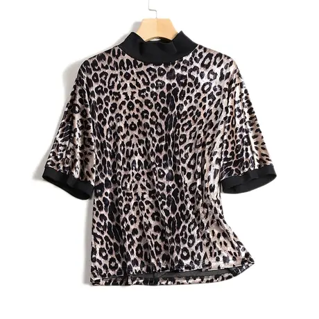 中袖豹纹丝绒衬衫上衣女 半高领五分袖T恤蝙蝠衫女宽松春秋图片