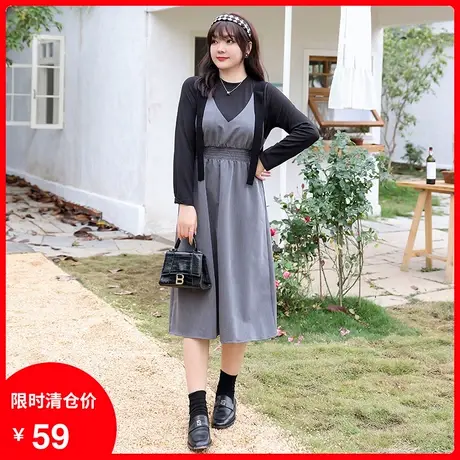 2024年秋季新款设计感飘带松紧腰假两件拼接连衣裙显瘦大码胖MM商品大图