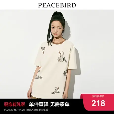 太平鸟兔子卡通印花T恤女短袖2024夏新款圆领宽松撞色时尚上衣潮图片