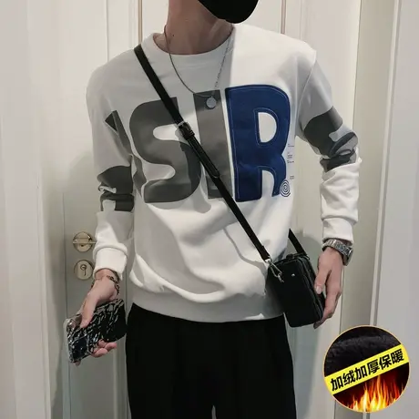 冬季男士时尚休闲字母卫衣外套上衣套头长袖加绒潮流圆领加厚外套商品大图